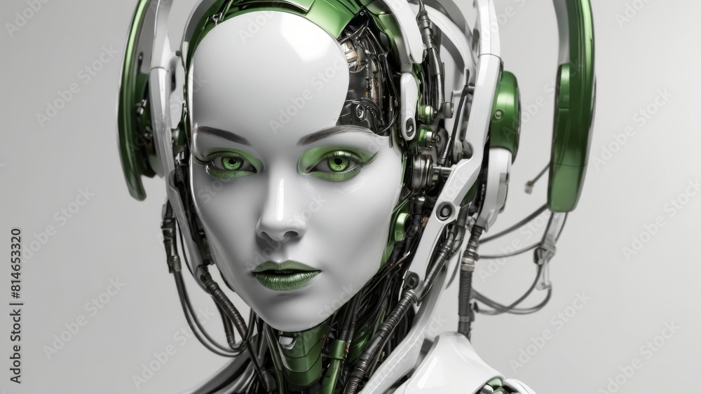 Green white modern female robot android on white background Green white modern female robot android on white background