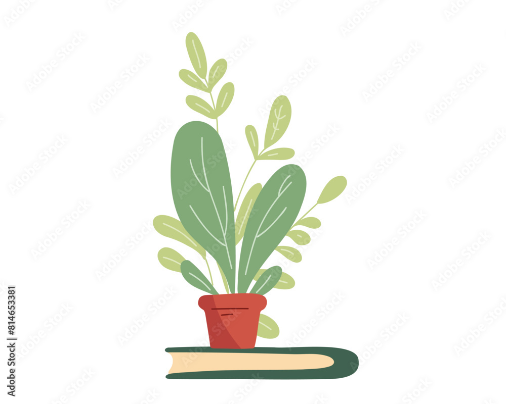 Book and houseplant on white background, flat vector illustration Book and houseplant on white background, flat vector illustration