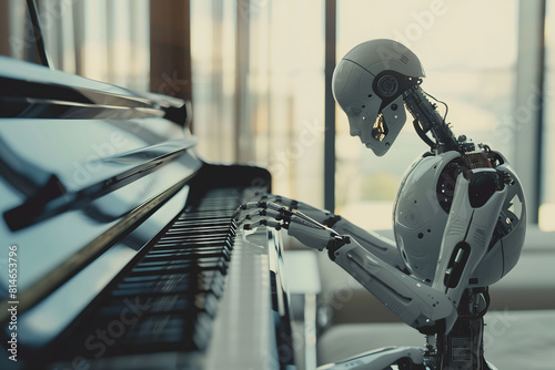 Robot playing piano in a bright room