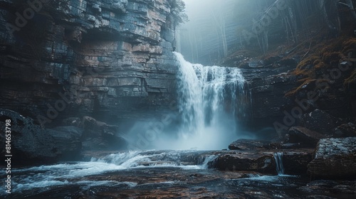 Majestic waterfall in a misty rocky gorge under a soft light