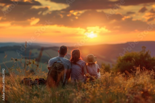 Family Vacation Summer. Happy Children Enjoying Sunset on Meadow with Their Father