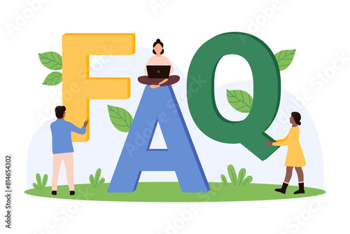 FAQ title, frequently asked questions. Tiny people holding letters of bubble type, characters of support service find answers, suggestion and facts to user questions cartoon vector illustration