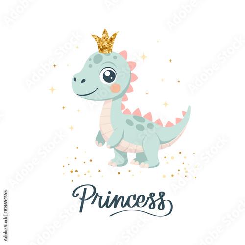 Princess dino card template. Cute dinosaur fairy  baby sweet  poster. Scandinavian style animal  shirt print or sticker. Greeting card