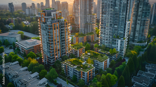 A photo featuring energy-efficient buildings and green infrastructure, captured from above with a drone. Highlighting the integration of sustainable design features and renewable energy systems in urb