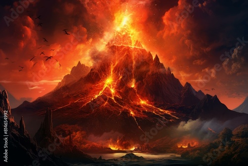 Digital art of a fiery volcano eruption against a sunset sky with birds fleeing
