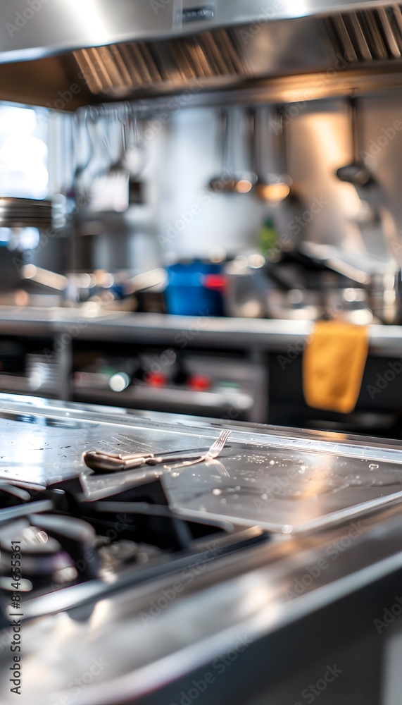 Blurred background of a professional kitchen with a stainless steel counter top and cooking utensils in a restaurant or commercial setting for product display or a mockup design template Blurred background of a professional kitchen with a stainless steel counter top and cooking utensils in a restaurant or commercial setting for product display or a mockup design template