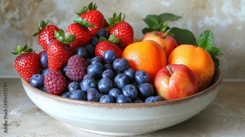 A fresh fruit arrangement in a white bowl on a plain surface.