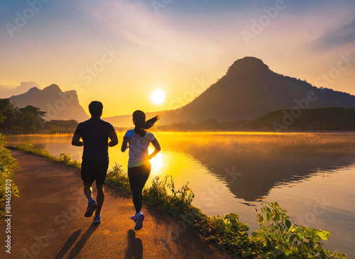 Silhouette of a healthy couple jogging by the lakeside
