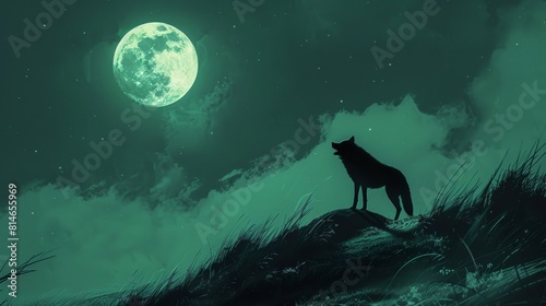 Mystical night scene with a lone wolf howling under a giant luminous moon amidst swirling purple clouds