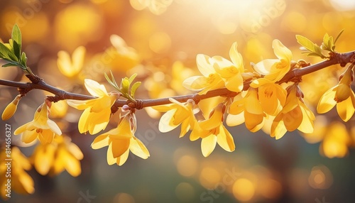 vibrant blooms of yellow forsythia flowers blossoming on a spring branch