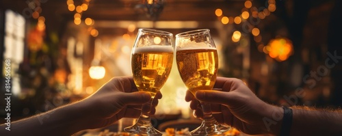 Closeup of hands clinking glasses of beer together over a rustic wooden table, celebrating a special moment photo
