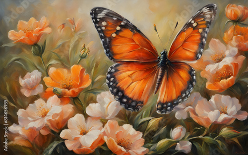 Spring flowers painted with oil paints on canvas in peach tones and bright orange butterfly © julien.habis