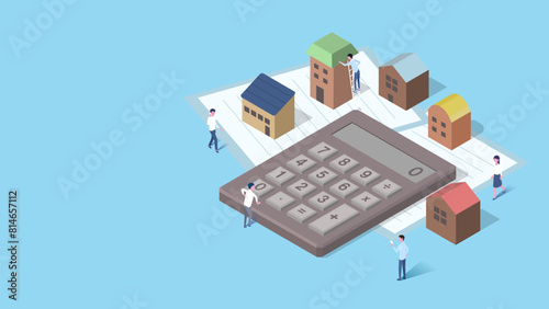 isometric illustration of calculator and house finance and people