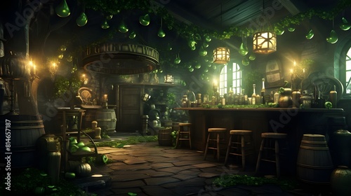Traditional Irish pub decorated for St. Patrick s Day  Stylish cafe interior with green plants and natural light 