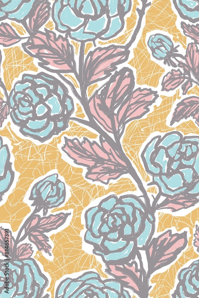 Sketchy seamless pattern with roses, hatched, for fabric, wallpaper, surface design
