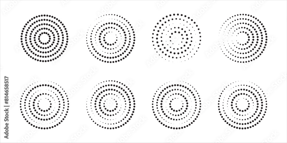 Concentric circles with broken dotted lines isolated on white background. Circular ripple icons. Whirlpool, sonar wave, soundwave, sunburst, signal signs. Vector graphic illustration