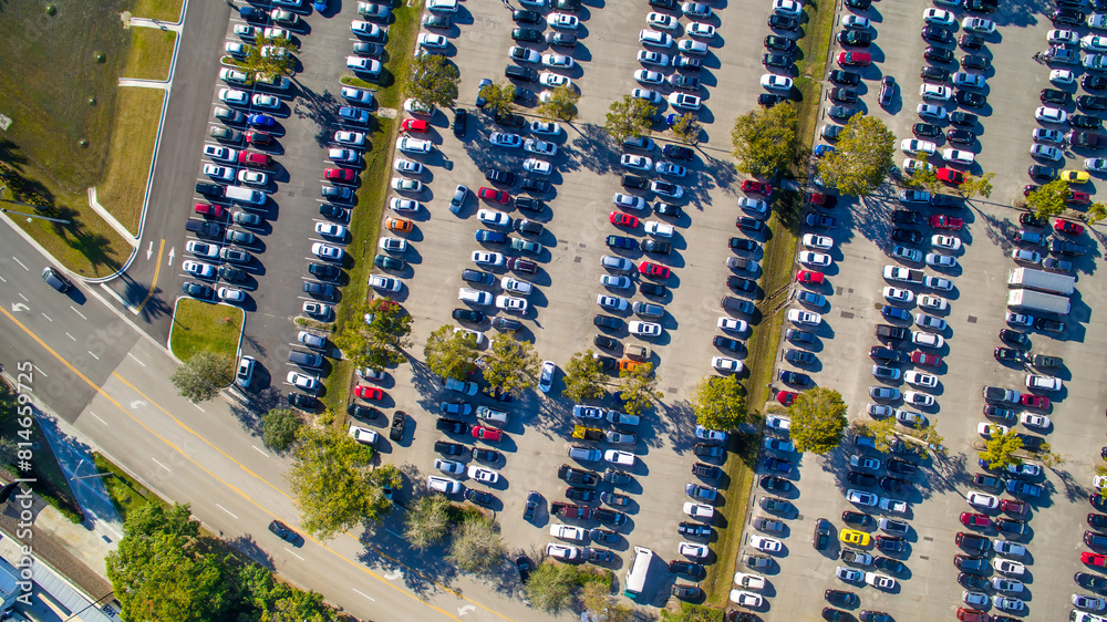 Aerial view of an full car parking along a mall center