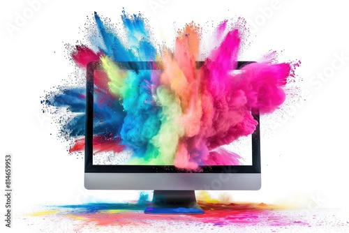 Colorful Computer. Modern Monitor with Rainbow Spray Explosion through Flat Screen