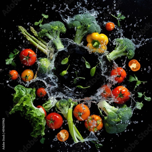 Food Circle. Fresh Vegetable Assortment with Water Splashes on Black Background