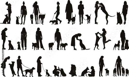 people with dogs, woman playing with dog set silhouette on white background vector