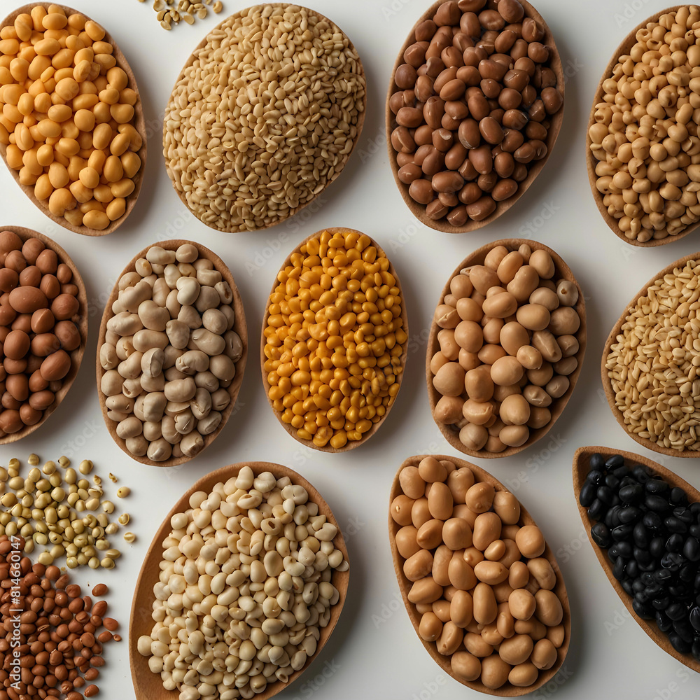 Arranged white bowls with uncooked pulses, grains and seeds on white wood. Arranged white bowls with uncooked pulses, grains and seeds on white wood.