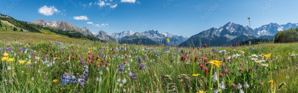 A field filled with a variety of wildflowers, including daisies, poppies, and lupines, stretches towards towering mountains in the distance. The vibrant colors of the flora contrast against the rugged A field filled with a variety of wildflowers, including daisies, poppies, and lupines, stretches towards towering mountains in the distance. The vibrant colors of the flora contrast against the rugged