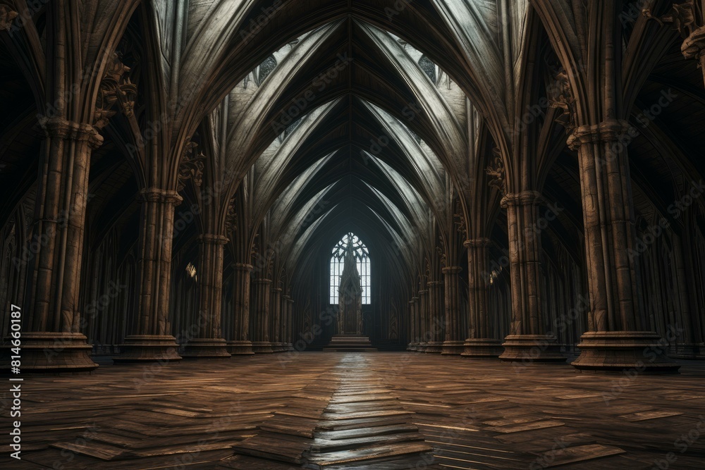 Captivating and serene gothic cathedral interior with arched ceilings. Intricate stone pillars. And ornate architectural details Captivating and serene gothic cathedral interior with arched ceilings. Intricate stone pillars. And ornate architectural details