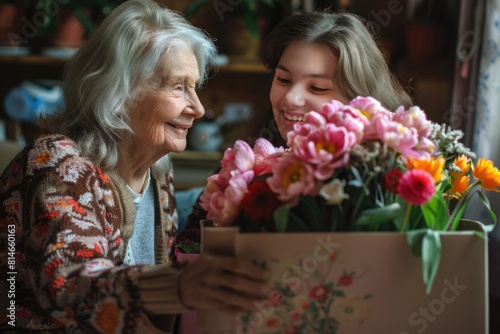 Mom With Daughter. Caucasian Woman Presents Birthday Bouquet to Happy Elderly Mother at Home © AIGen