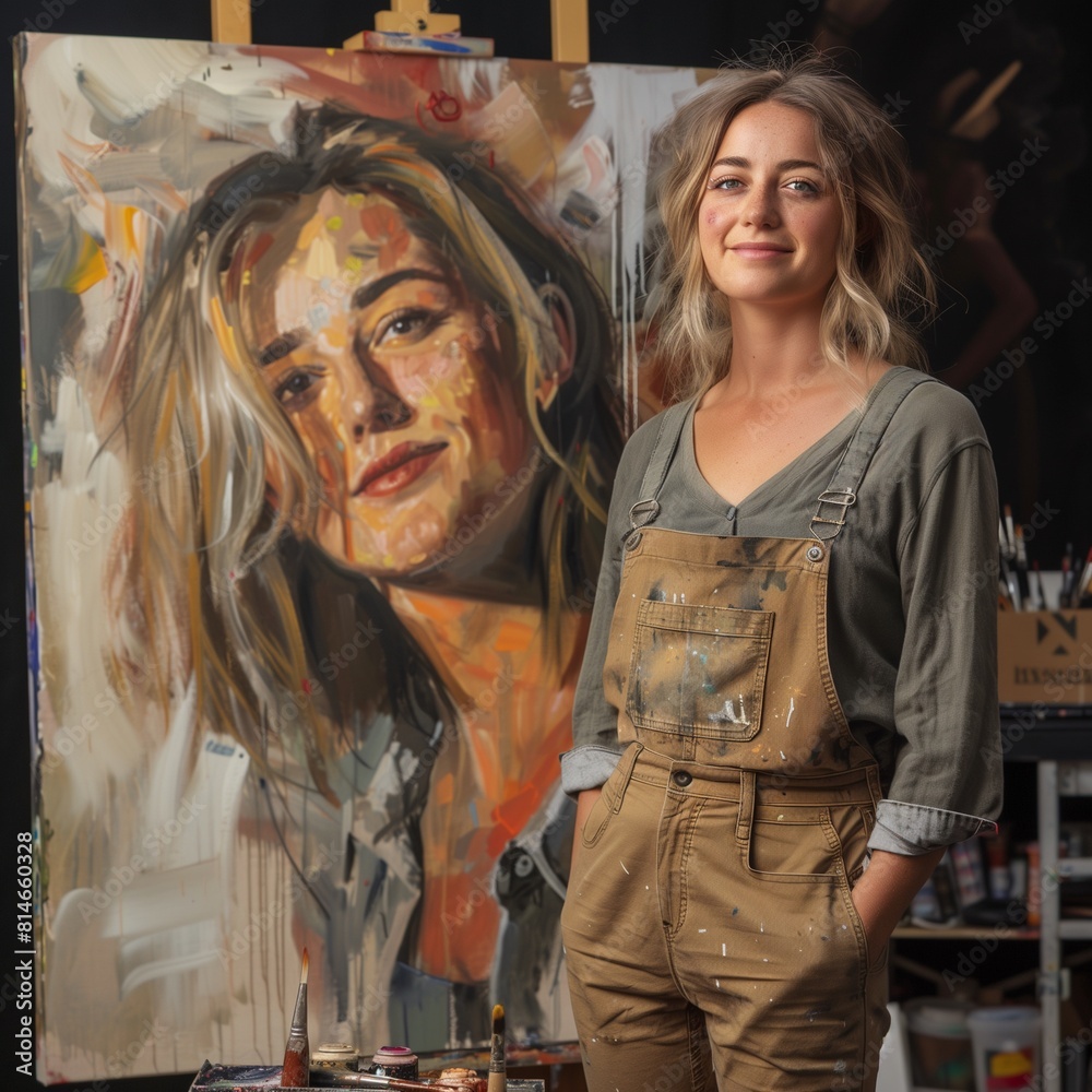 A confident female painter artist smiling face and standing with a painting artistic human paint. Generative AI.