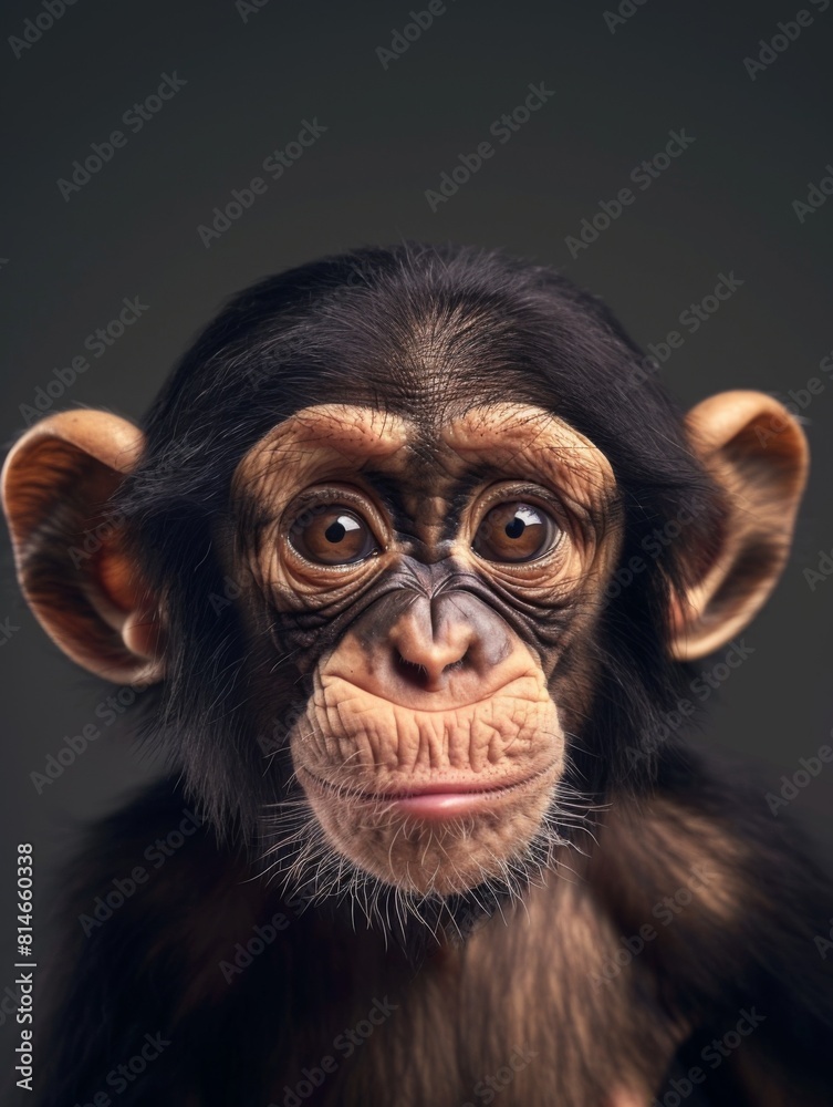 Funny portrait of a monkey taken in the studio on a dark background. Amazing animal