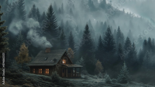 cozy cabin nestled in a forest clearing, smoke curling lazily from its chimney into the crisp air © Mars0hod