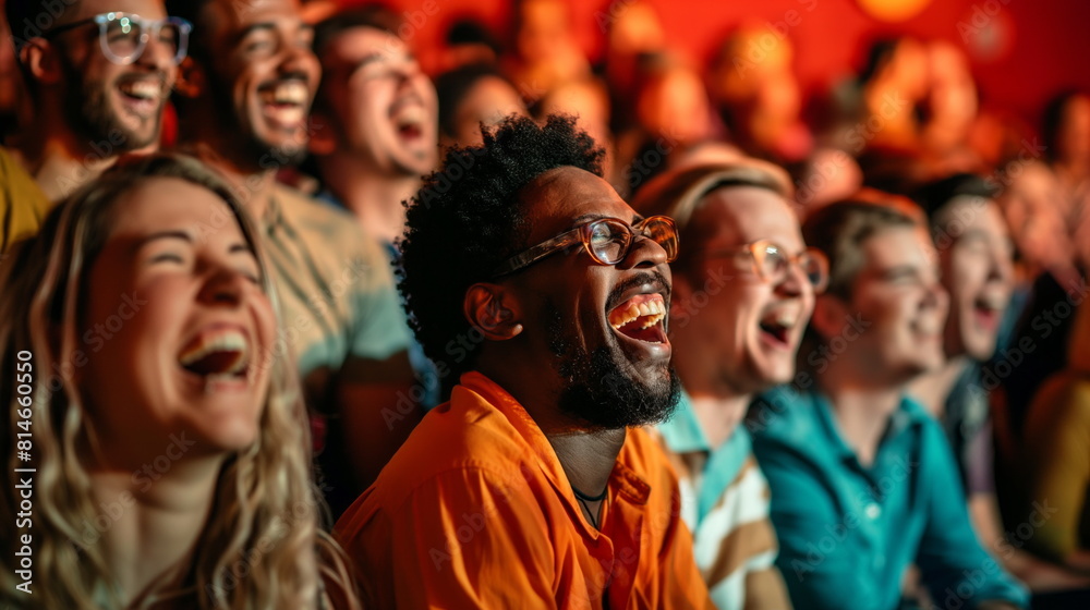 Eclectic crowd of individuals laughing maniacally at a comedy show