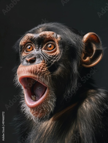 Funny portrait of a monkey with an open mouth taken in the studio on a dark background. Surprised animal © Vladimir