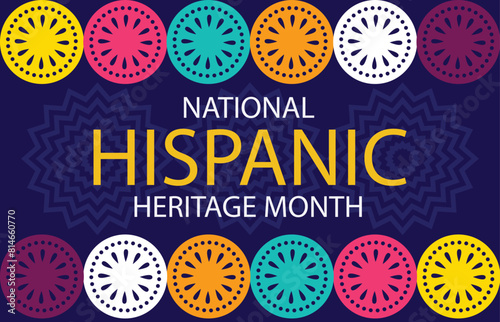 Hispanic heritage month. Vector web banner, poster, card for social media and networks. Greeting with national Hispanic heritage month text, Papel Picado pattern, perforated paper on black background