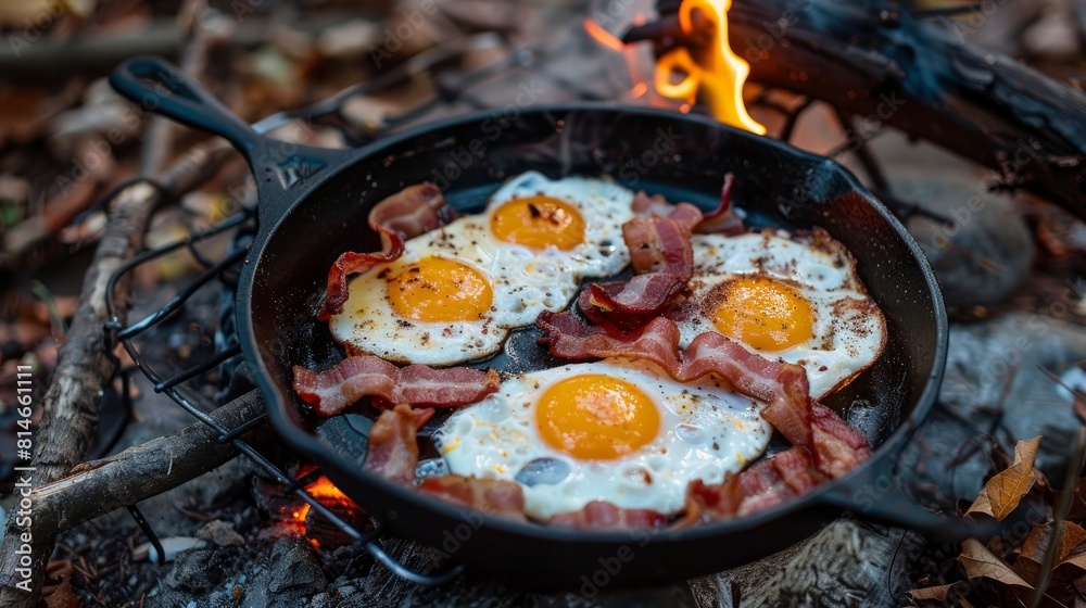 Camping breakfast with bacon and eggs in a cast iron skillet. Fried eggs with bacon in a pan in the forest Camping breakfast with bacon and eggs in a cast iron skillet. Fried eggs with bacon in a pan in the forest