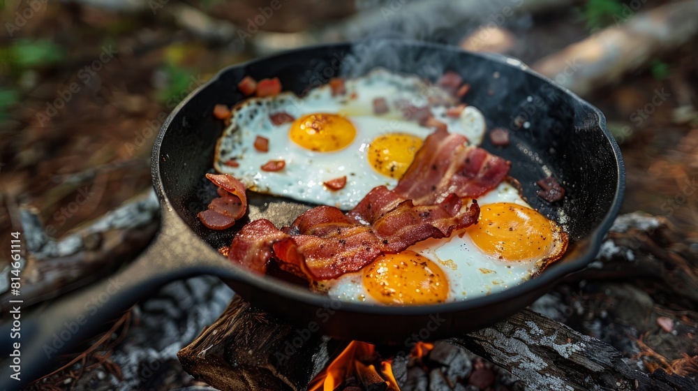 Camping breakfast with bacon and eggs in a cast iron skillet. Fried eggs with bacon in a pan in the forest Camping breakfast with bacon and eggs in a cast iron skillet. Fried eggs with bacon in a pan in the forest