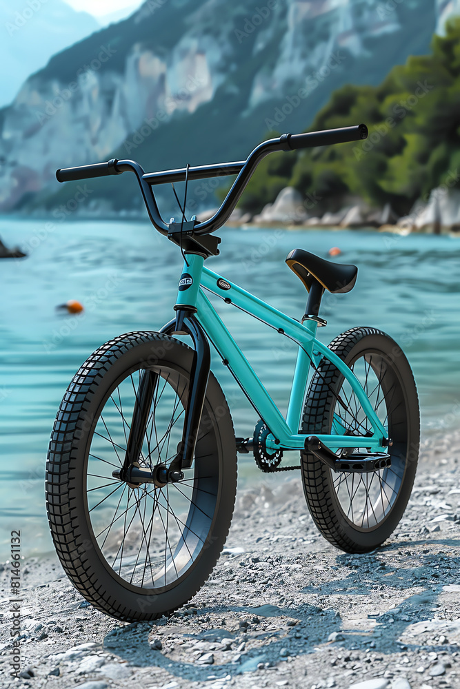 Fototapeta premium A blue bicycle motocross parked by the lake. Generative ai.