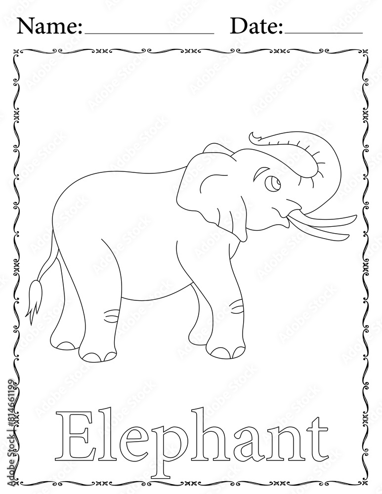 Naklejka premium Elephant Coloring Page. Printable Coloring Worksheet for Kids. Educational Resources for School and Preschool.