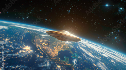 A UFO hovers over the Earth. Generative ai.