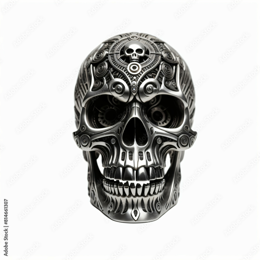 Metallic skull. Isolated on white background. Tribal art style. Front view, Digital illustration. Metallic skull. Isolated on white background. Tribal art style. Front view, Digital illustration.