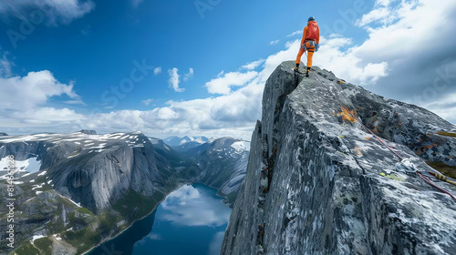 Solo Climber on Rocky Summit Overlooking Fjord