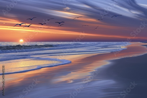 A painting depicting a beach with seagulls soaring in the sky above it  under a colorful sunset