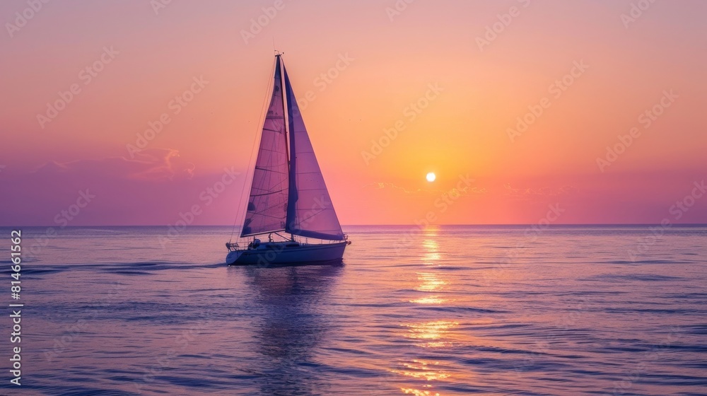 Serene sunset seascape with a lone sailboat gliding on calm ocean waters