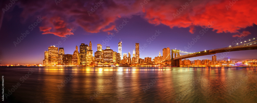 Downtown Manhattan night lights, panoramic view from Brooklyn Bridge Park