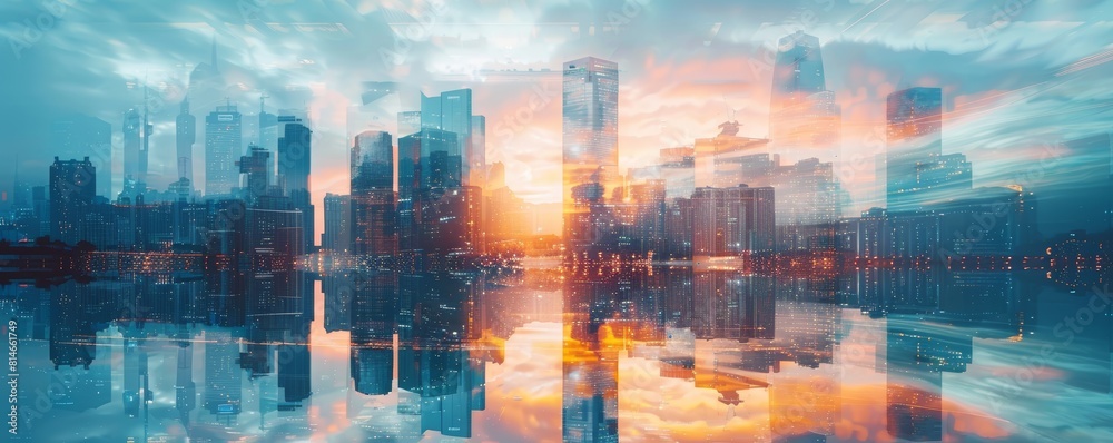 Waterfront city skyline close up, focus on the reflections, copy space, ensure radiant colors, Double exposure silhouette with sailing boats Waterfront city skyline close up, focus on the reflections, copy space, ensure radiant colors, Double exposure silhouette with sailing boats