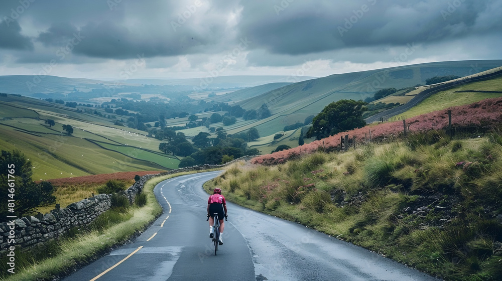 Fototapeta premium Cyclist Riding on Scenic Country Road in Rolling Hills