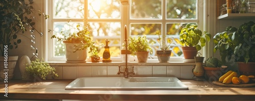 Vintage kitchen setup close up, focus on the farmhouse sink, copy space, ensure bright colors, Double exposure silhouette with a window view of a garden