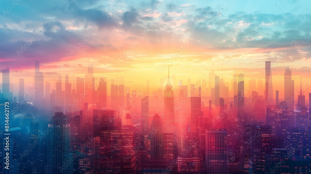 Urban skyline panorama close up, focus on the tallest skyscrapers, copy space, ensure bright colors, Double exposure silhouette with a sunset Urban skyline panorama close up, focus on the tallest skyscrapers, copy space, ensure bright colors, Double exposure silhouette with a sunset