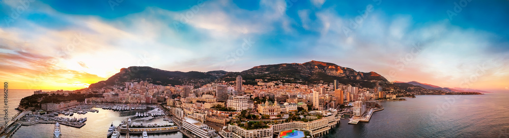 Fototapeta premium Montecarlo. Aerial view of Monaco skyline at sunset