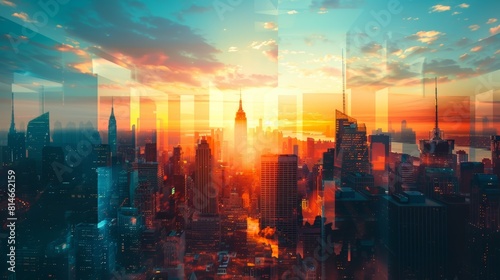 Urban skyline panorama close up  focus on the tallest skyscrapers  copy space  ensure bright colors  Double exposure silhouette with a sunset